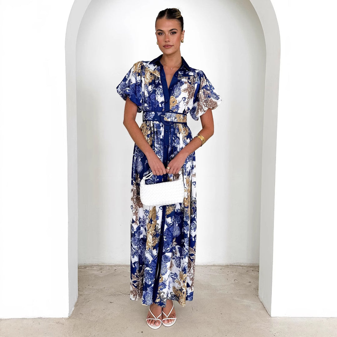 Damen Maxi-Kleid mit floralem Muster und eleganten Rüschen Drune