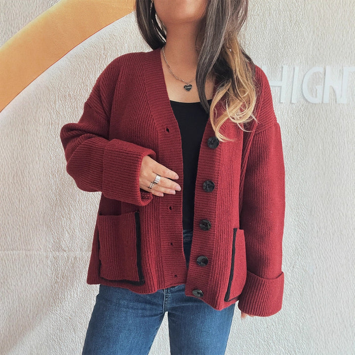 Damen weicher Strickcardigan mit tiefem V-Ausschnitt und großen Taschen Drune
