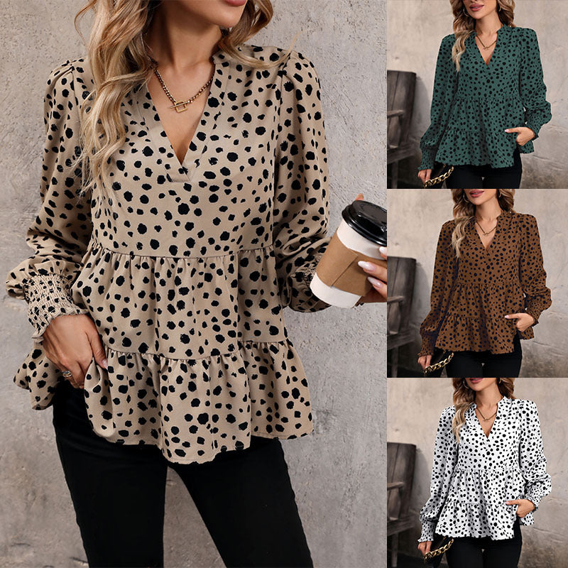 Damen luftige Bluse mit Rüschendetails und Punkten Drune