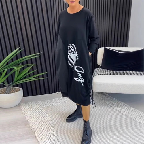 Damen Oversized Hoodie-Kleid mit seitlichen Eingrifftaschen und grafischem Print Drune