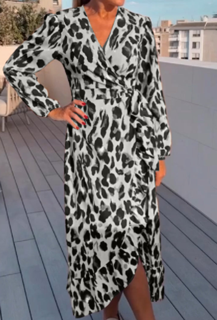 Damen nan Wickel-Midikleid mit Tiermuster, V-Ausschnitt, Taillenband und asymmetrischem Volant Drune