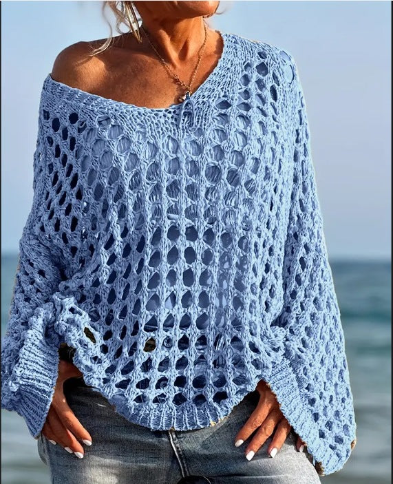 Damen Off-Shoulder Strickpullover mit luftiger Lochmaschenstruktur Drune