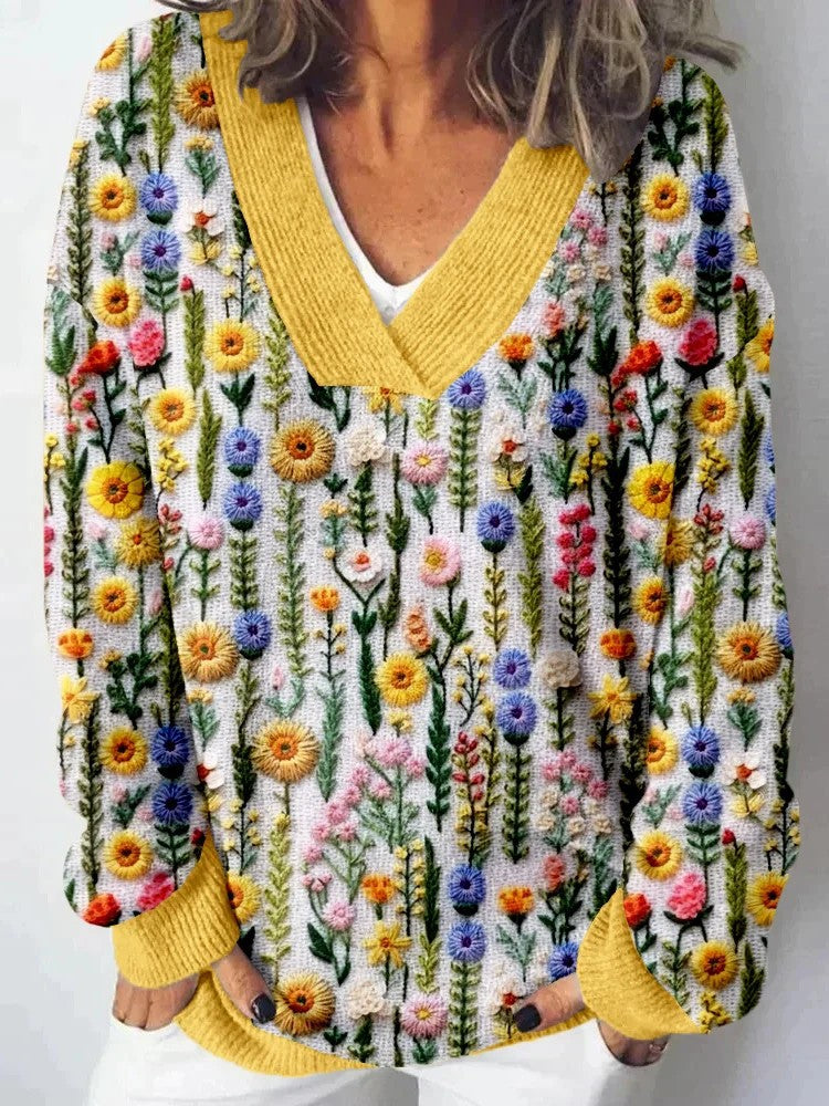 Damen V-Ausschnitt Pullover mit floralem Muster und lässigem Schnitt Drune
