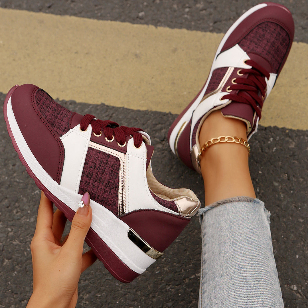 Damen sportive Keil-Sneaker mit strukturiertem Strickmix gepolstertem Komfortfußbett und goldenen Akzenten Drune
