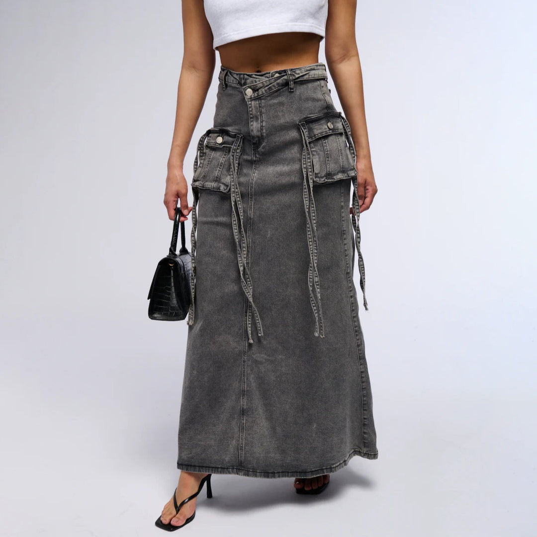 Damen Langer Denim-Rock mit hochgezoggtem Bund und praktischen Taschen Drune