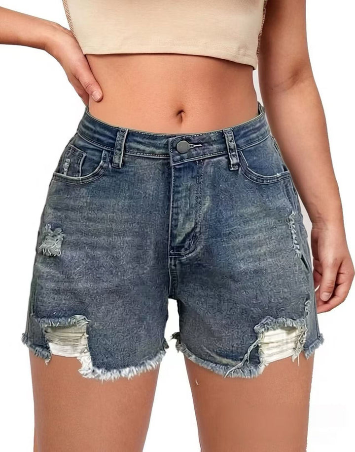 Damen lässige Destroyed Jeansshorts mit hohem Bund und fransigen Abschlüssen Drune