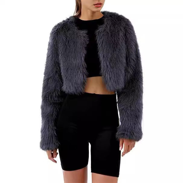 Damen Kurze glamouröse Kunstfelljacke mit lockeren Ärmeln Drune