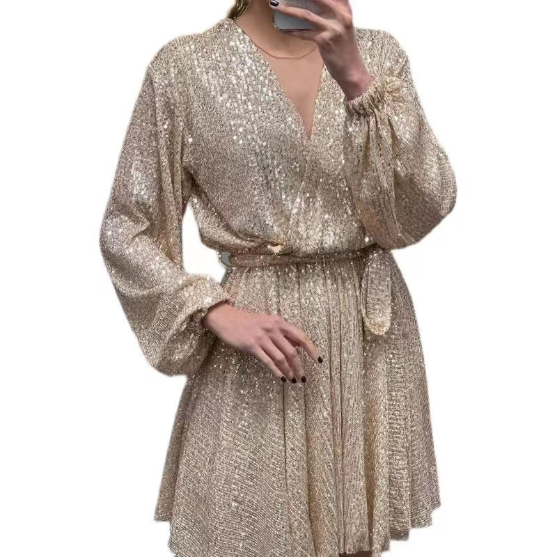 Damen Glitzerndes Mini-Kleid mit V-Ausschnitt und eleganten Puffärmeln Drune