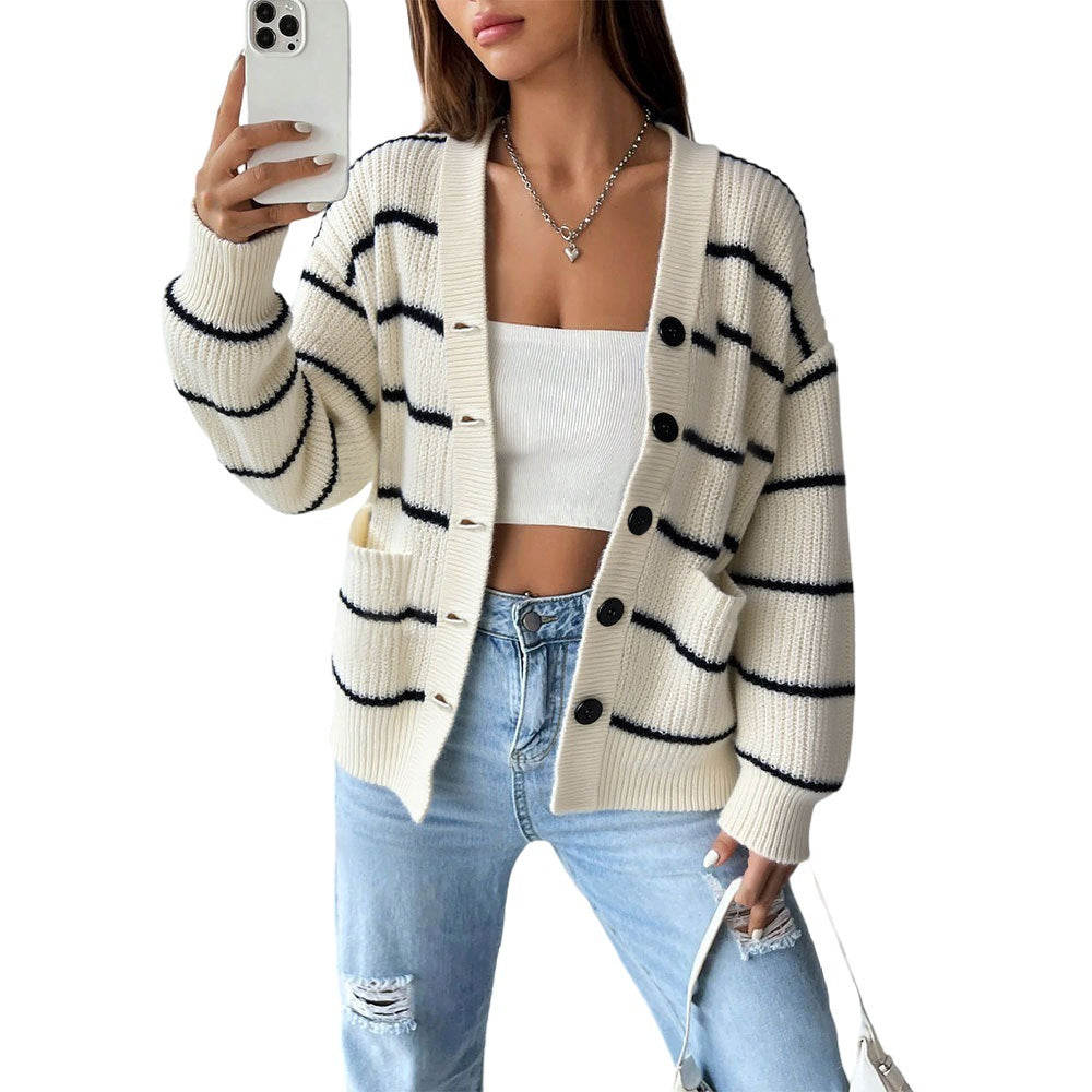 Damen gestreifter Kurzarm-Strickcardigan mit Knopfverschluss und Seitentaschen Drune