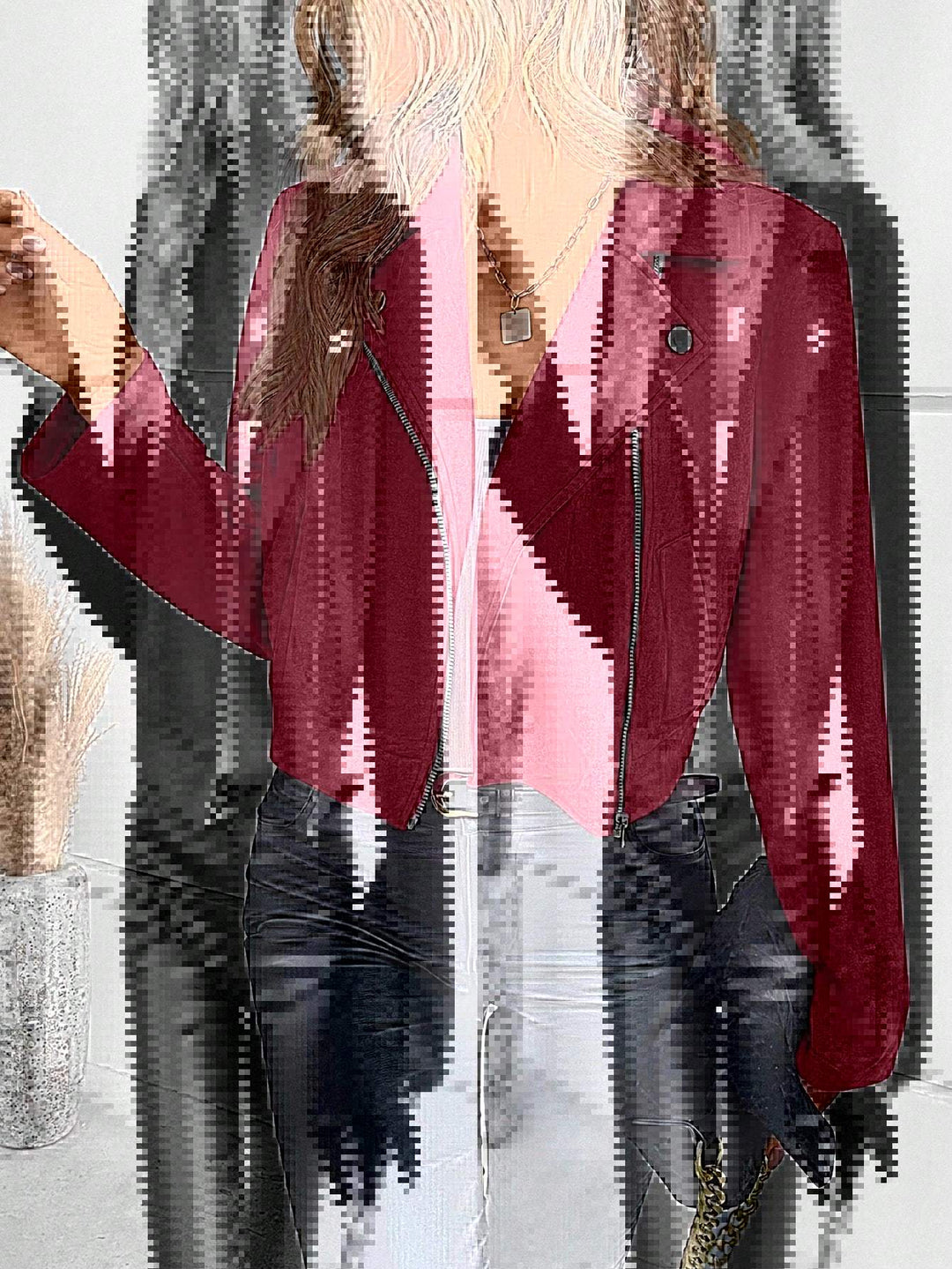 Damen Stylische Bikerjacke aus Kunstleder mit asymmetrischem Reißverschluss Drune