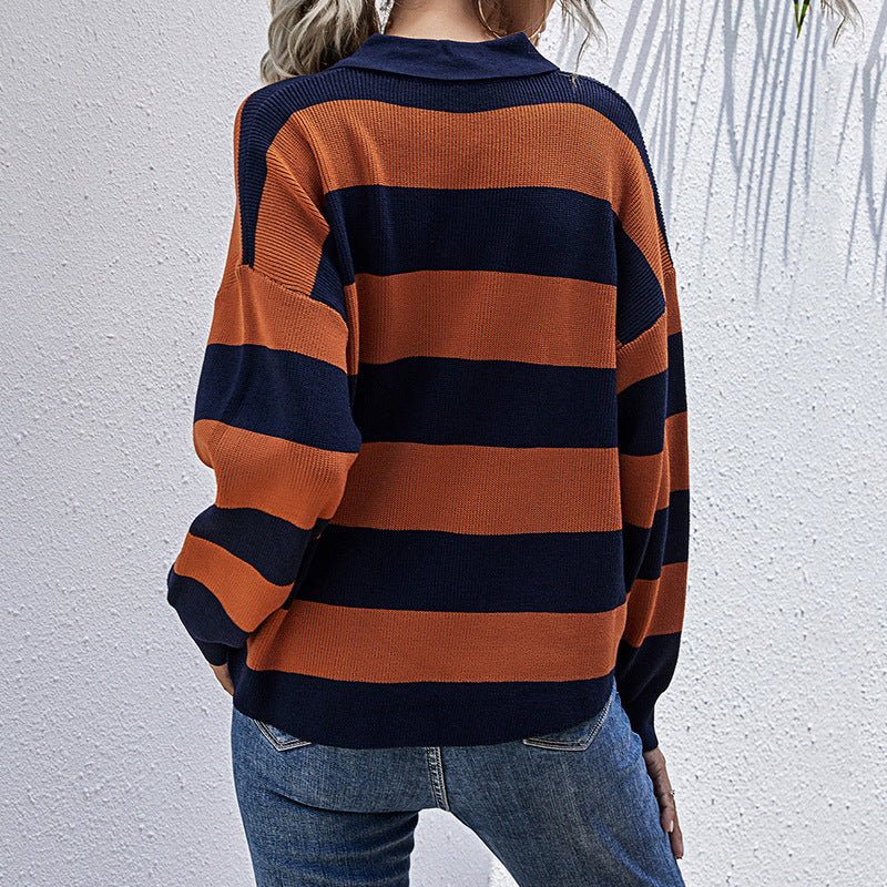 Damen lässiger Oversized Pullover mit großzügigem Streifenmuster und Knopfleiste Drune