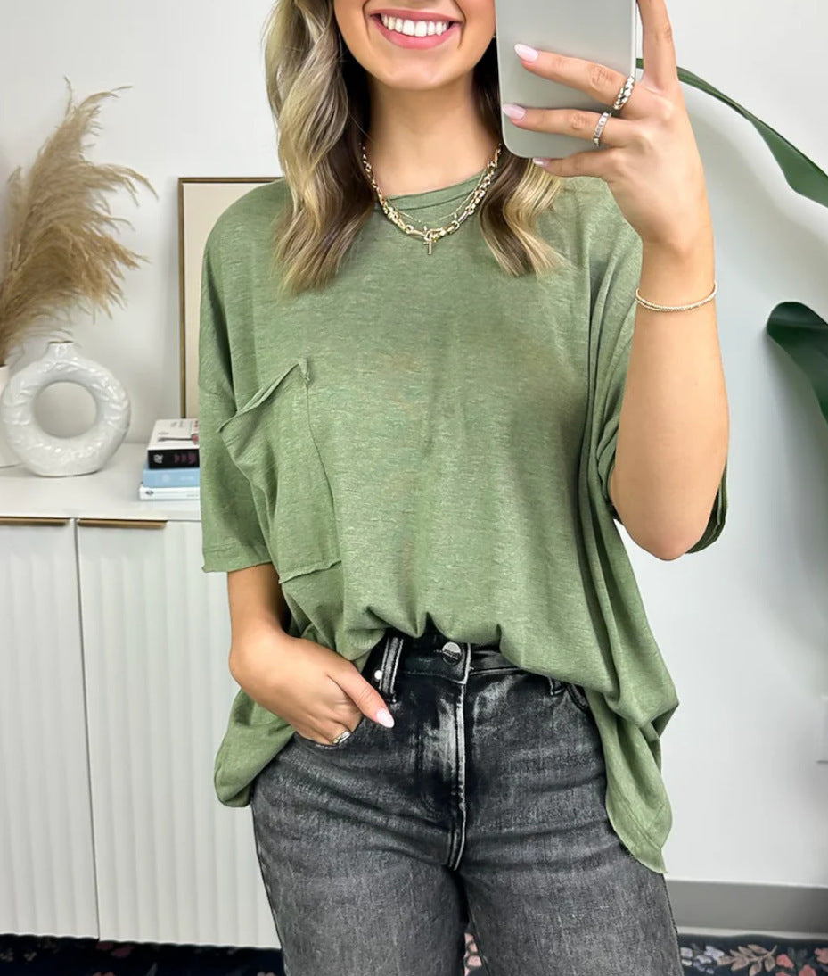 Damen lässiges Oversized T-Shirt mit Tasche Drune