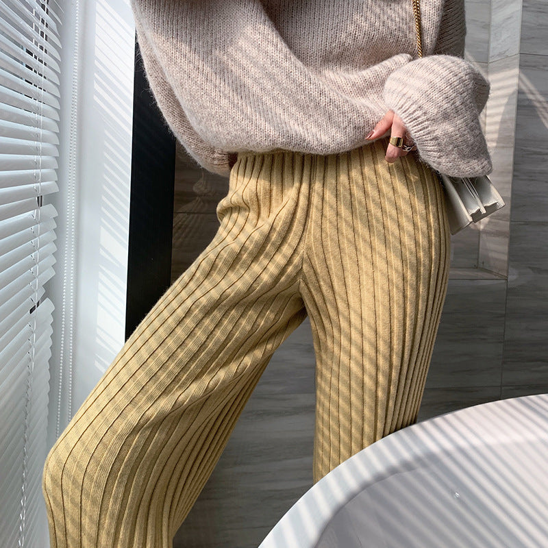 Damen bequeme Rippstrickhose mit weitem Bein und hohem Bund Drune