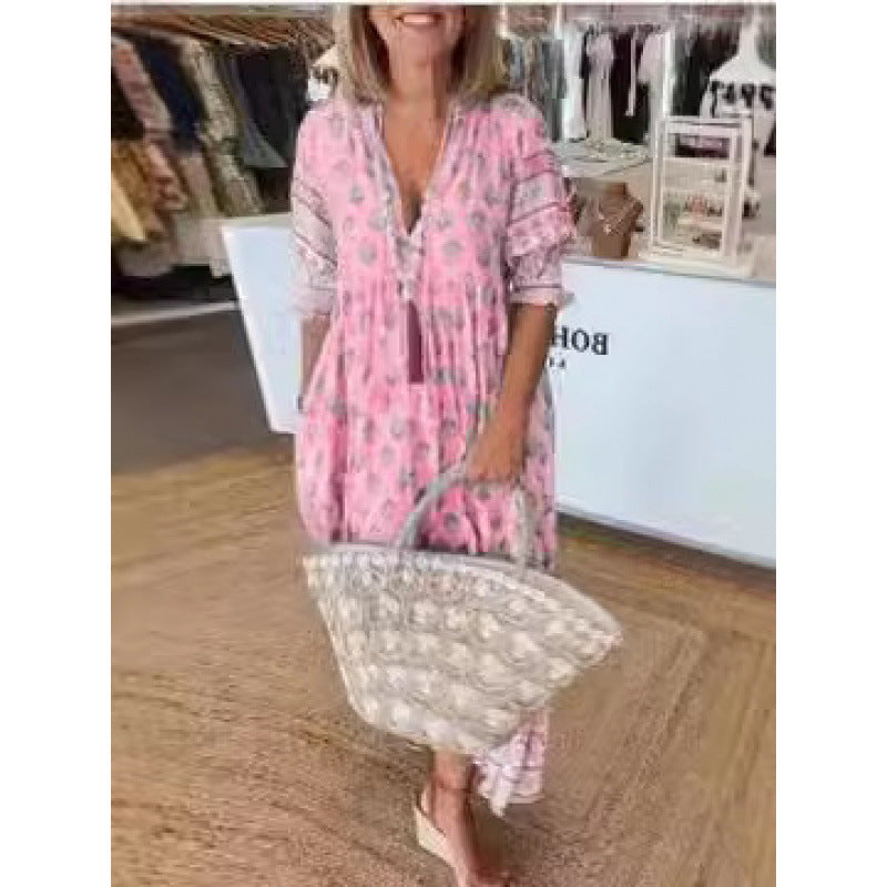Damen Boho-Stil Kleid mit geflochtener Schnürung und handgefertigten Details Drune