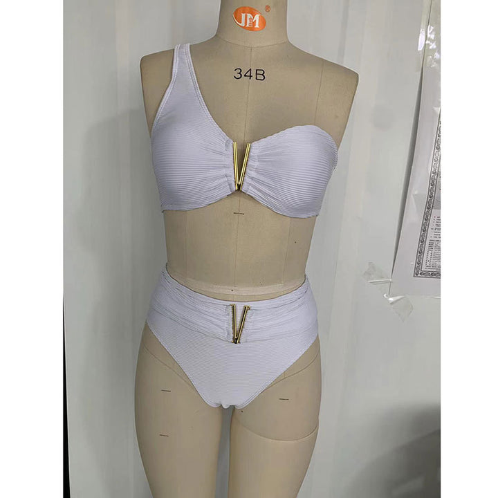 Damen Hoch geschnittenes Bikiniset mit asymmetrischem Oberteil und goldenen Akzenten Drune