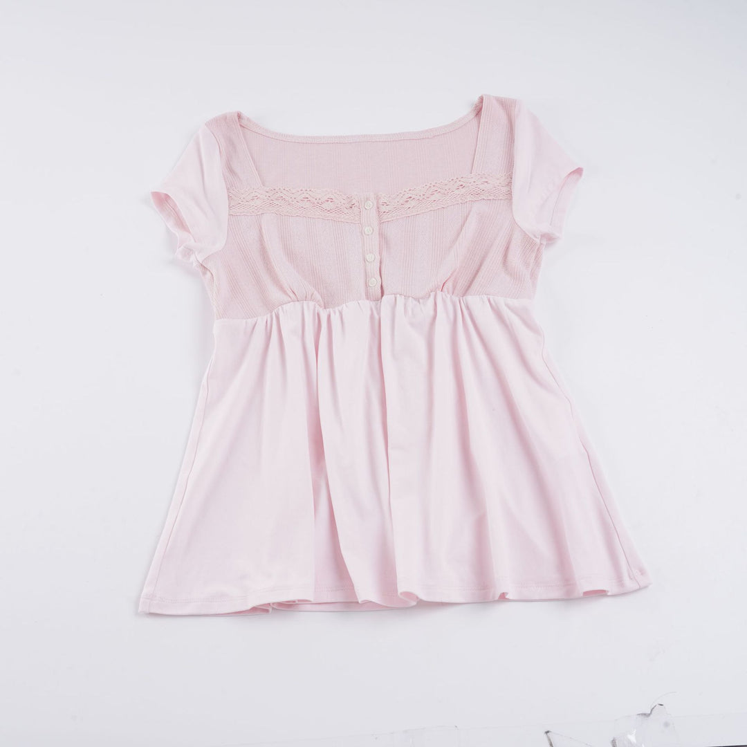 Damen lässiges T-Shirt mit Spitzenverzierung und Knopfdetails Drune