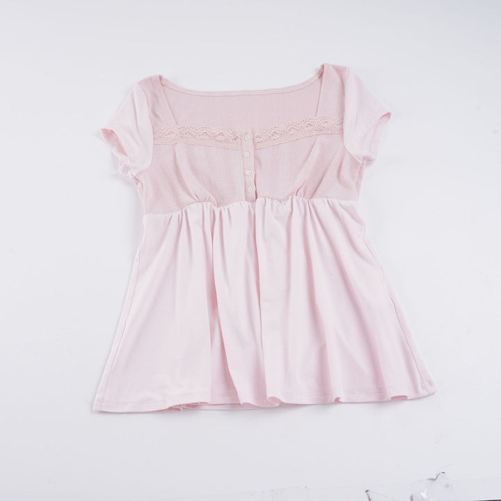Damen lässiges T-Shirt mit Spitzenverzierung und Knopfdetails Drune