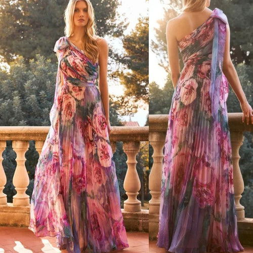 Damen Maxikleid mit einem schulterfreien Design und floralen Falten Drune