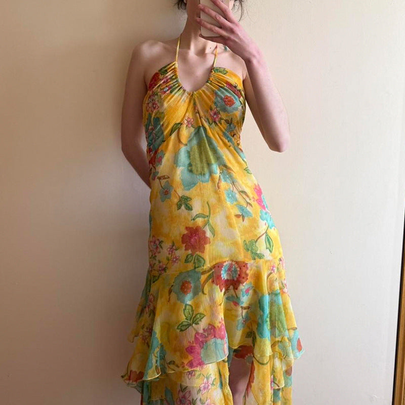 Damen fließendes Maxi-Kleid mit Blumenmuster und Rüschen Drune