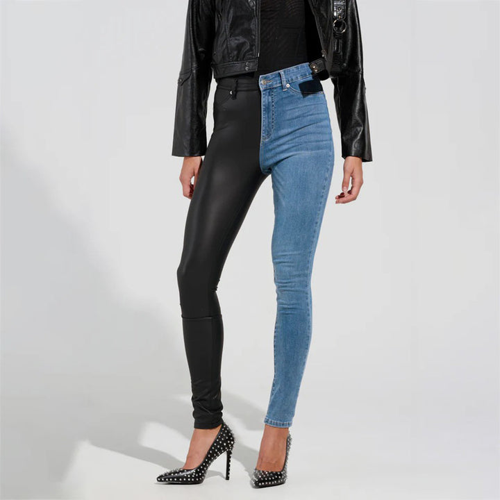 Damen Skinny Jeans mit kombiniertem Denim- und Leder-Look Drune