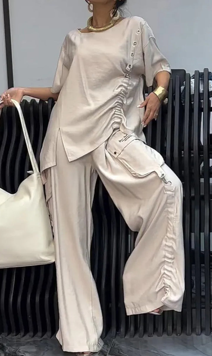 Damen nan lässiges zweiteiliges Ensemble mit geraffter Oversize-Bluse und Cargo-Palazzohose Drune