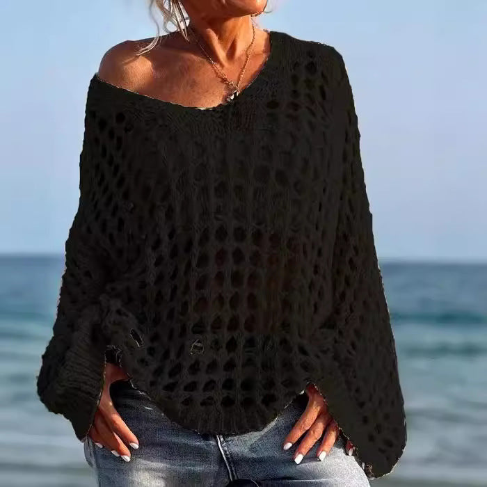 Damen Off-Shoulder Strickpullover mit luftiger Lochmaschenstruktur Drune