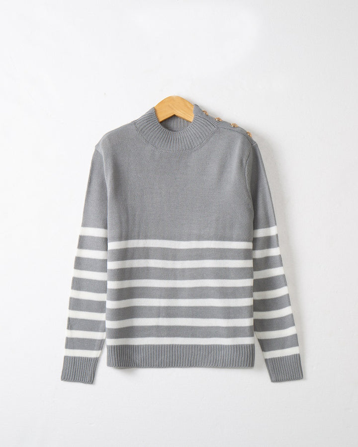 Damen modischer Strickpullover mit Streifenmuster und Knopfdetails Drune