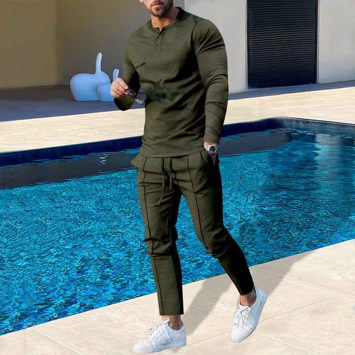 Herren nan athletisches Henley-Langarmshirt und schmal zulaufende Jogginghose mit Ziernähten Drune