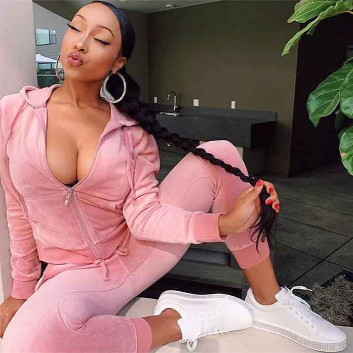 Damen sportlicher Fleece-Jogginganzug mit hochschließendem Reißverschluss und elastischen Bündchen Drune