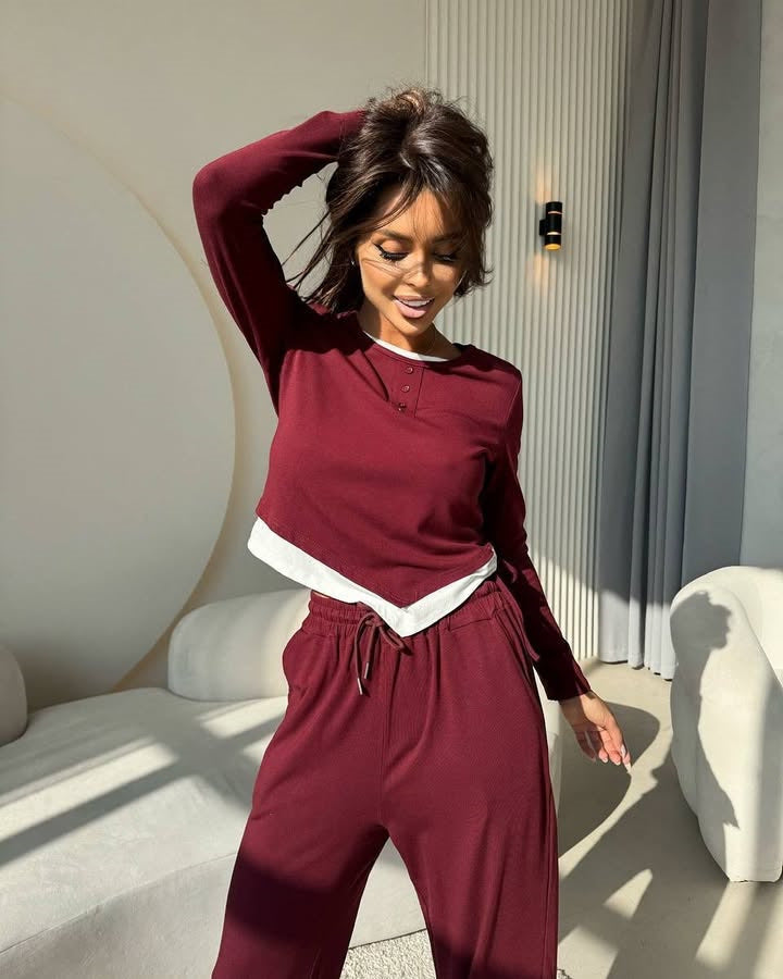 Damen Freizeitsuit mit bequemen Langarmoberteil und lockerer Hose Drune