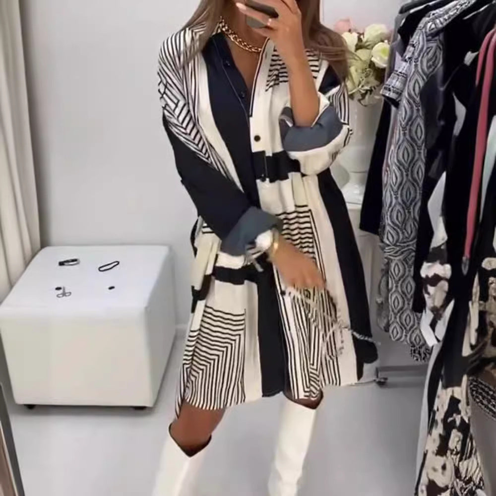 Damen Hemdblusenkleid mit grafischem Muster und voluminösen Ärmeln Drune