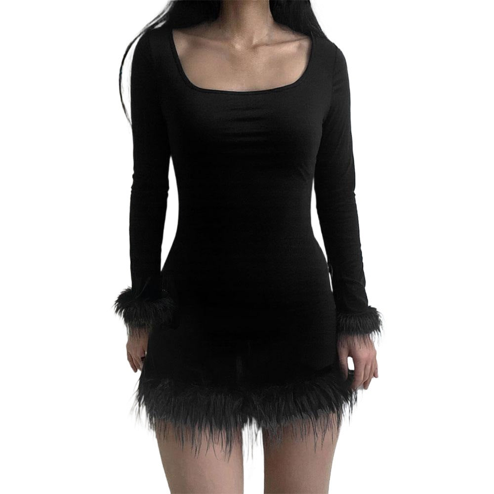 Damen Minikleid mit eleganten langen Ärmeln und fedrigen Abschlüssen Drune