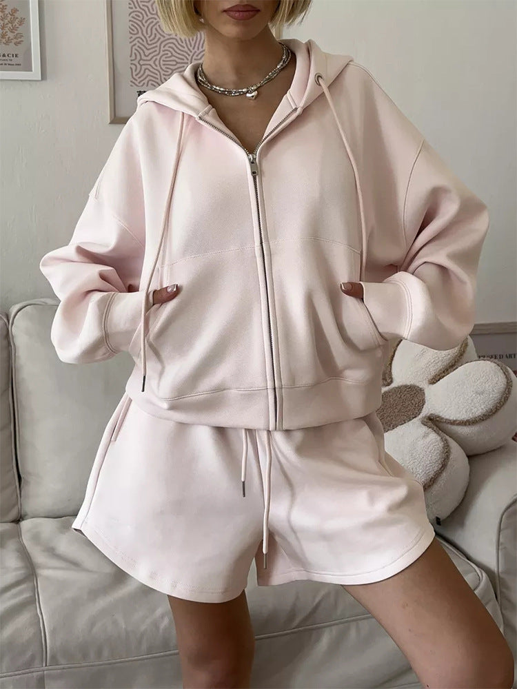 Damen nan kurzes Kapuzen-Sweatshirt mit Reißverschluss und elastischer Highwaist-Relax-Shorts Set Drune