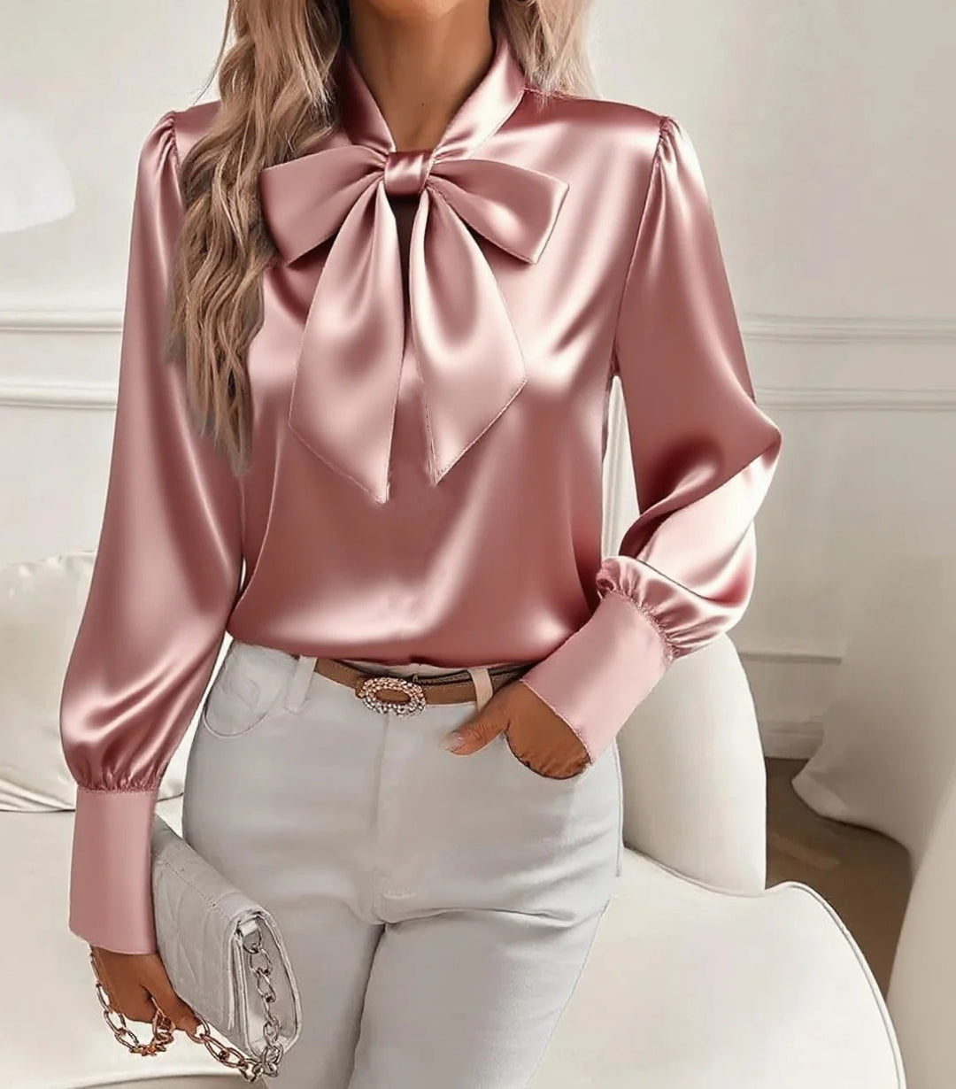 Damen elegante Satinbluse mit Schleifenkragen und Puffärmeln Drune