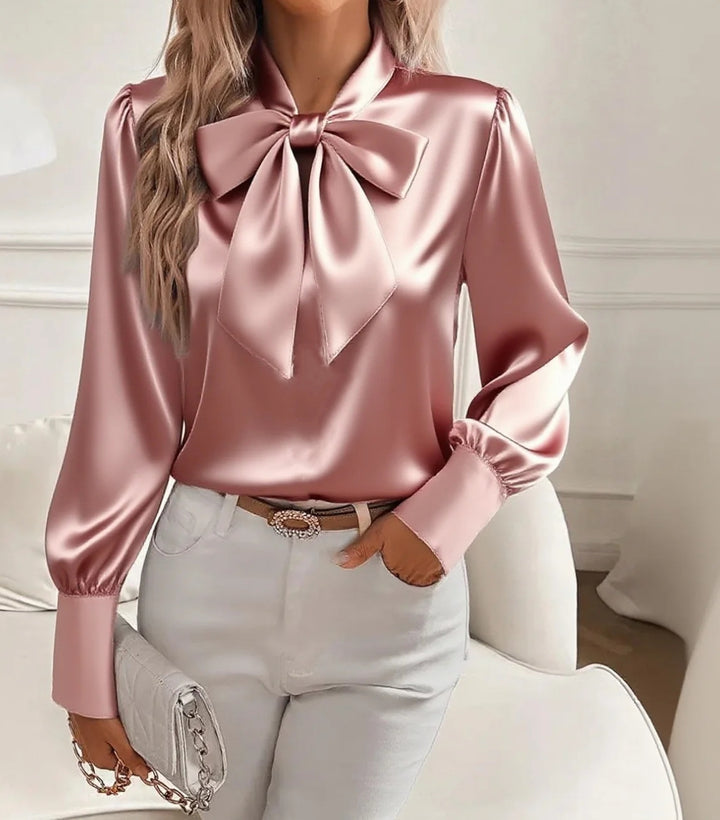 Damen elegante Satinbluse mit Schleifenkragen und Puffärmeln Drune