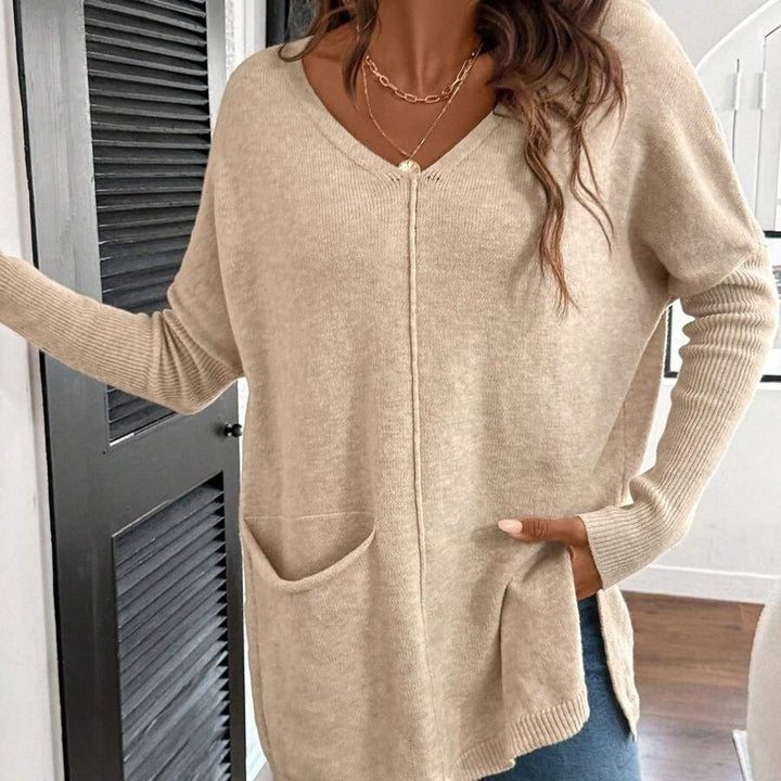 Damen Lässiger Pullover mit V-Ausschnitt und aufgesetzten Taschen Drune