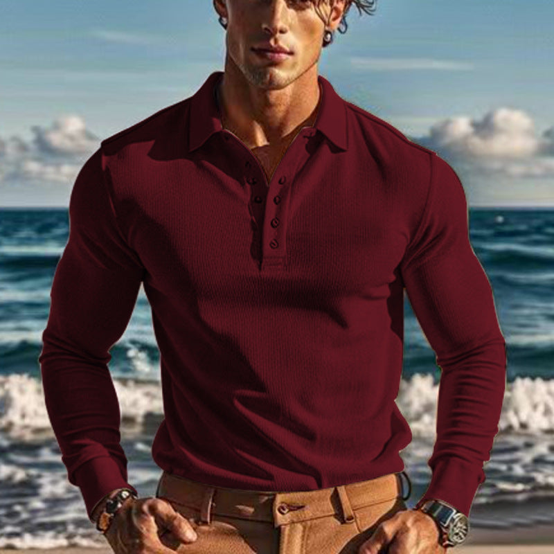 Herren Langarm-Henley-Shirt aus atmungsaktivem Strukturmaterial mit dekorativen Knöpfen Drune