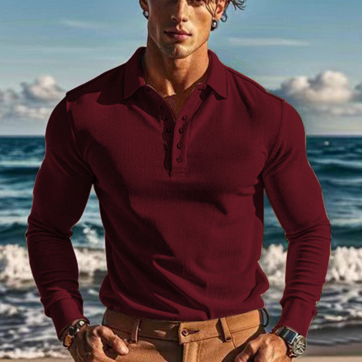 Herren Langarm-Henley-Shirt aus atmungsaktivem Strukturmaterial mit dekorativen Knöpfen Drune