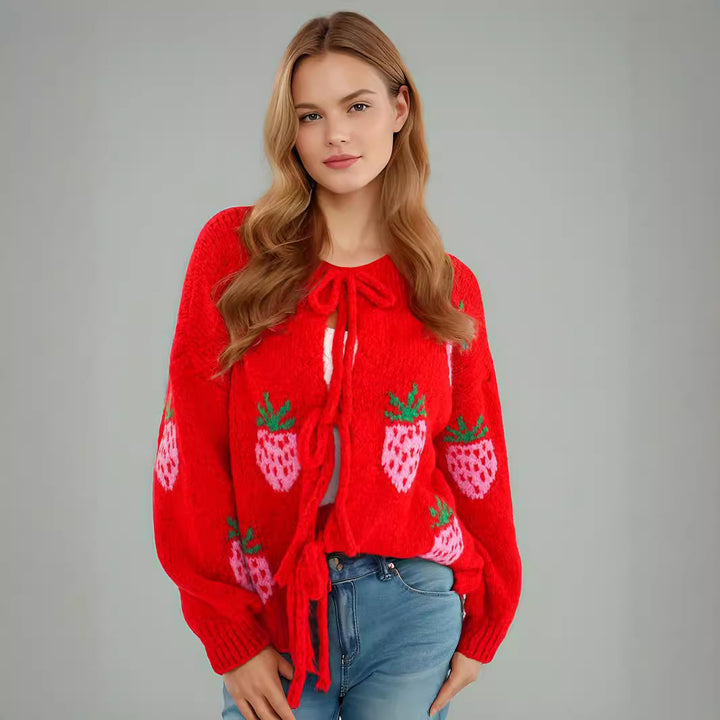 Damen kuscheliger Pullover mit fruchtigem Erdbeer-Motiv Drune