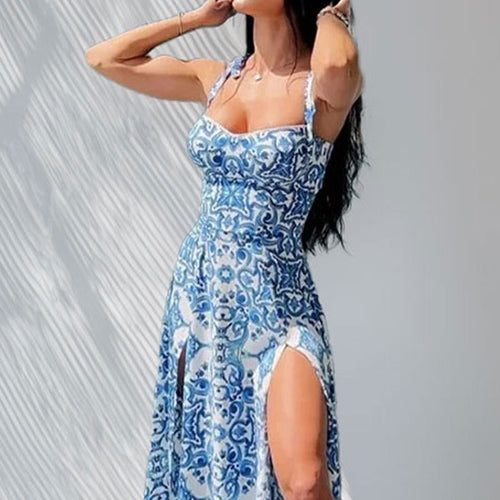Damen Maxikleid mit seitlichem Schlitz und floralen Ornamenten Drune