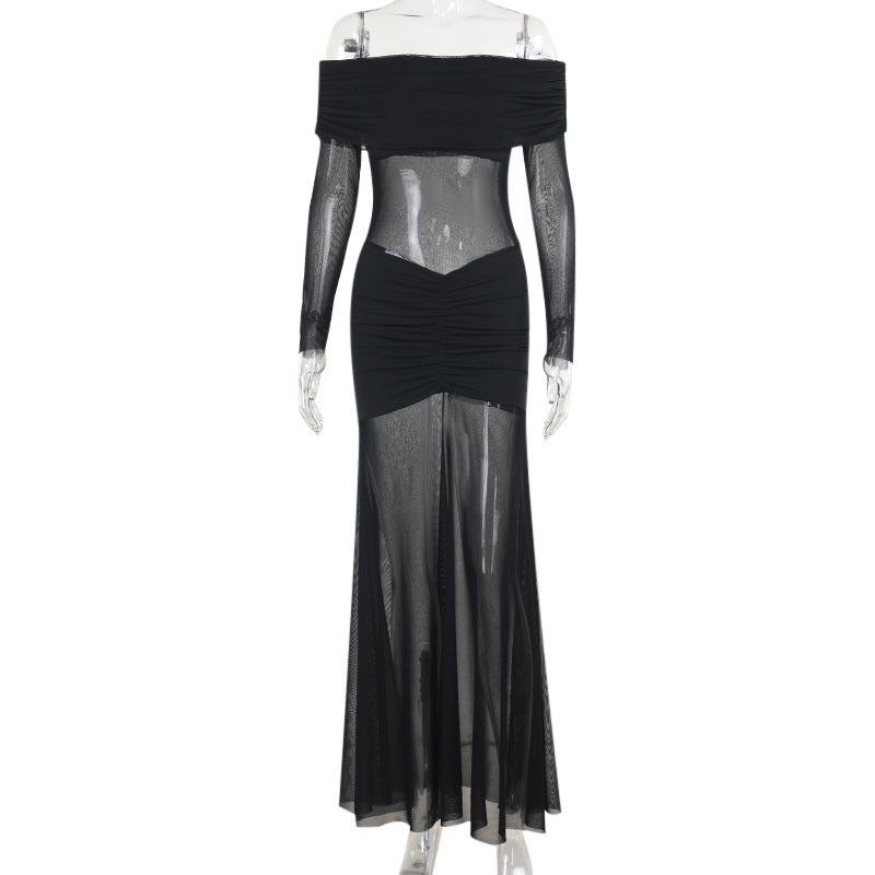 Damen durchsichtiges Maxikleid mit schulterfreiem Design und Rüschungen Drune