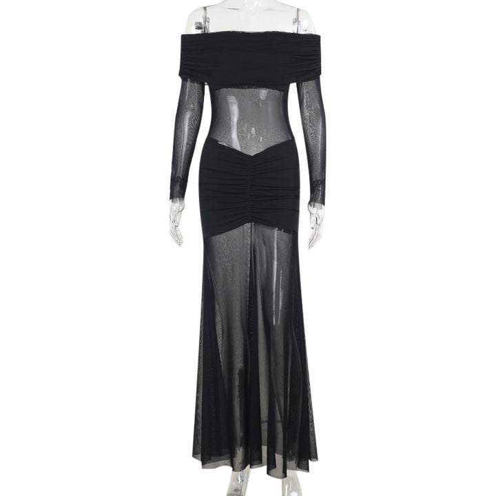 Damen durchsichtiges Maxikleid mit schulterfreiem Design und Rüschungen Drune