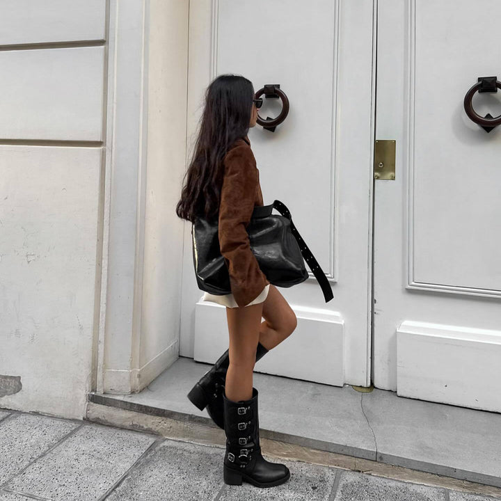 Damen Kurze Veloursjacke mit Stehkragen und seitlichem Reißverschluss Drune