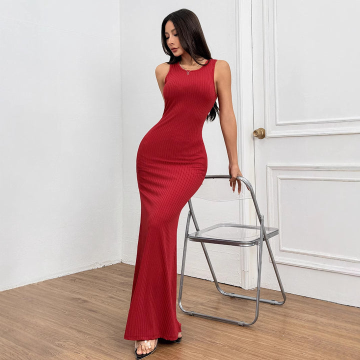 Damen figurbetontes Ripp-Maxi-Kleid mit edlem Rundhalsausschnitt Drune