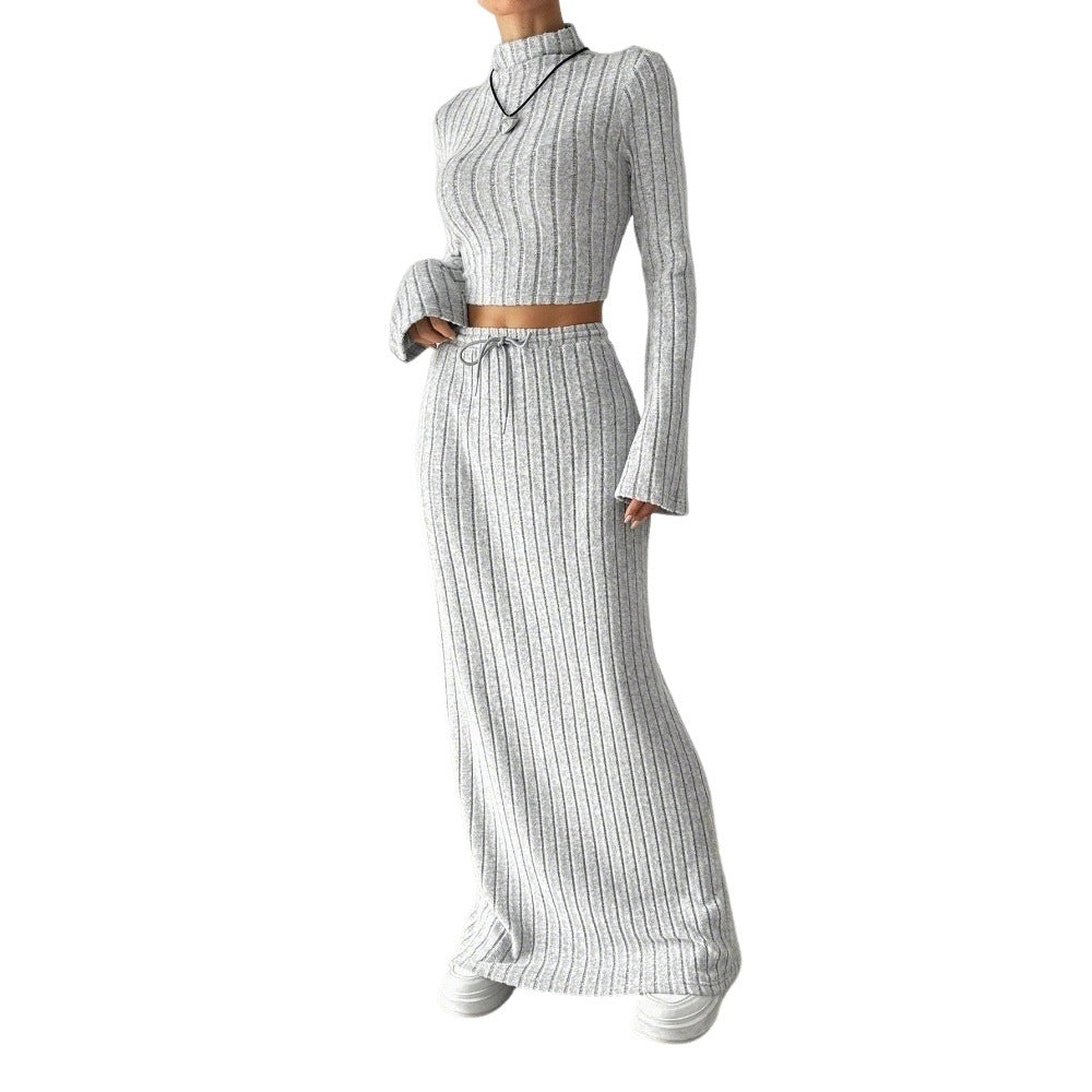 Damen Langarm Crop-Top und Maxi-Rock Set mit eleganter Rippstruktur Drune