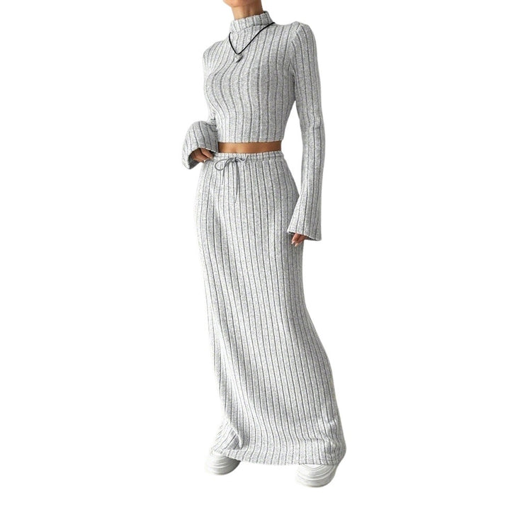 Damen Langarm Crop-Top und Maxi-Rock Set mit eleganter Rippstruktur Drune