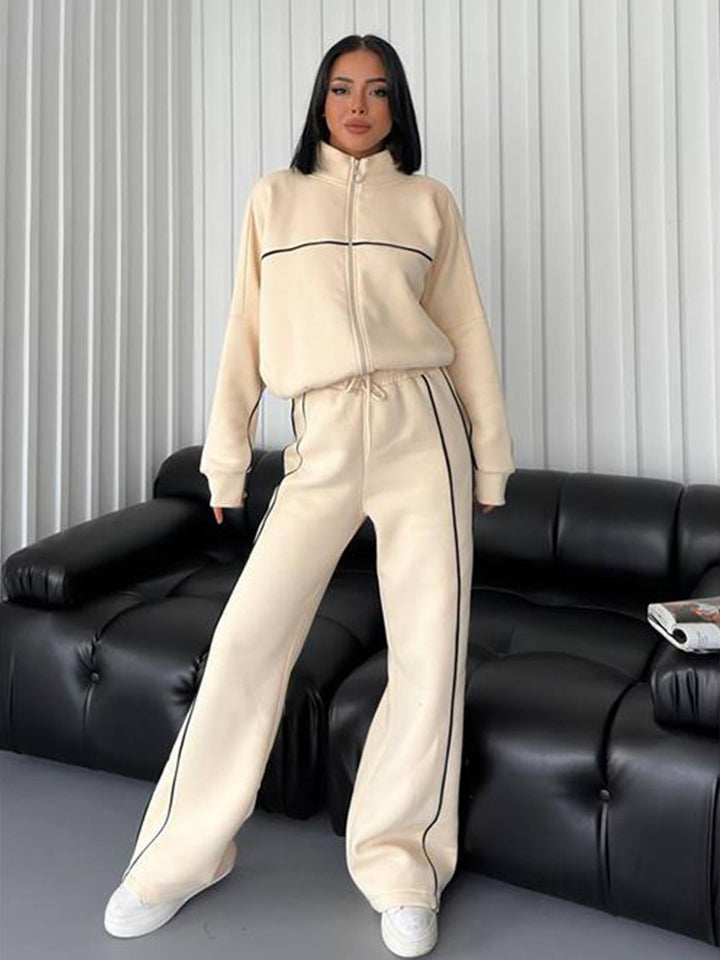 Damen nan Oversize Trainingsanzug Set mit Reißverschluss hohem Kragen und Kontrastpaspeln Drune