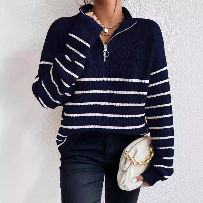 Damen Grob gestrickter Pullover mit Reißverschluss und breitem Streifenmuster Drune