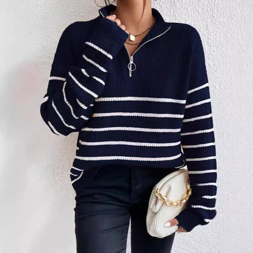 Damen Grob gestrickter Pullover mit Reißverschluss und breitem Streifenmuster Drune