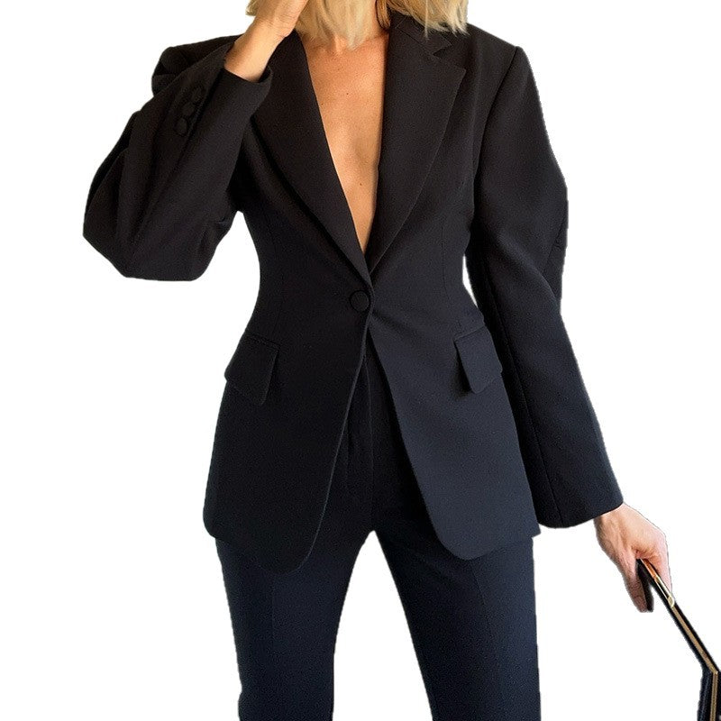 Damen Eleganter Blazer mit dramatischem V-Ausschnitt und strukturierten Ärmeln Drune